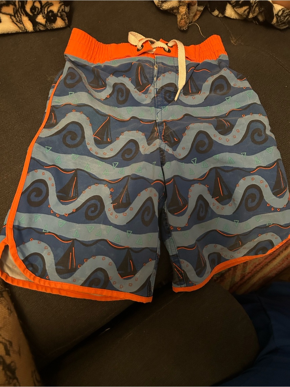 Hanna Anderson Size 8 Blue Wave Print Swim Shorts with Orange Trim